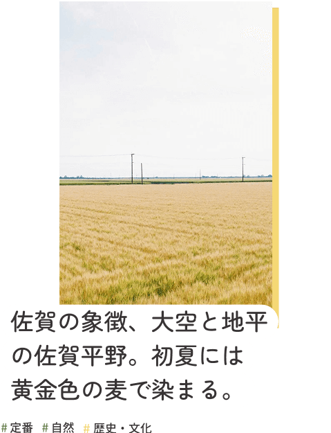 佐賀の象徴、大空と地平の佐賀平野。初夏には黄金色の麦で染まる。